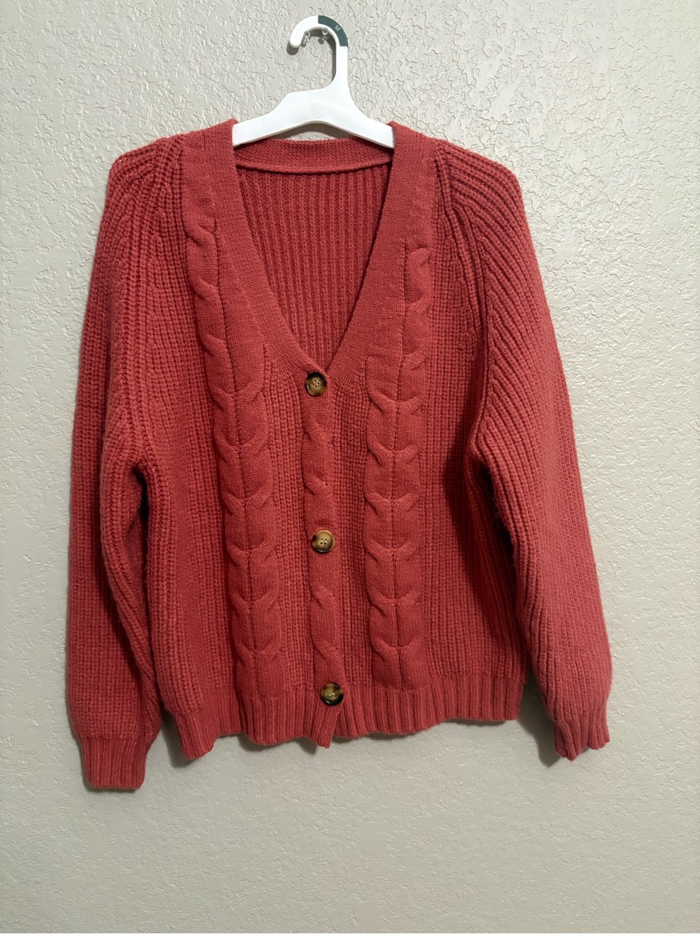 Women’s Rust Red Chunky Cable Knit Cardigan Button Front V Neck Sweater